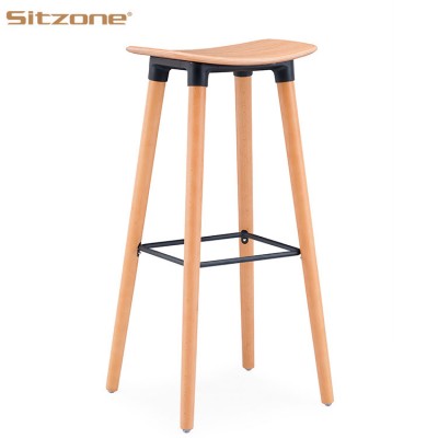 Modern Plastic Wooden Seat Wooden Leg Bar Stool for Dining Restaurant